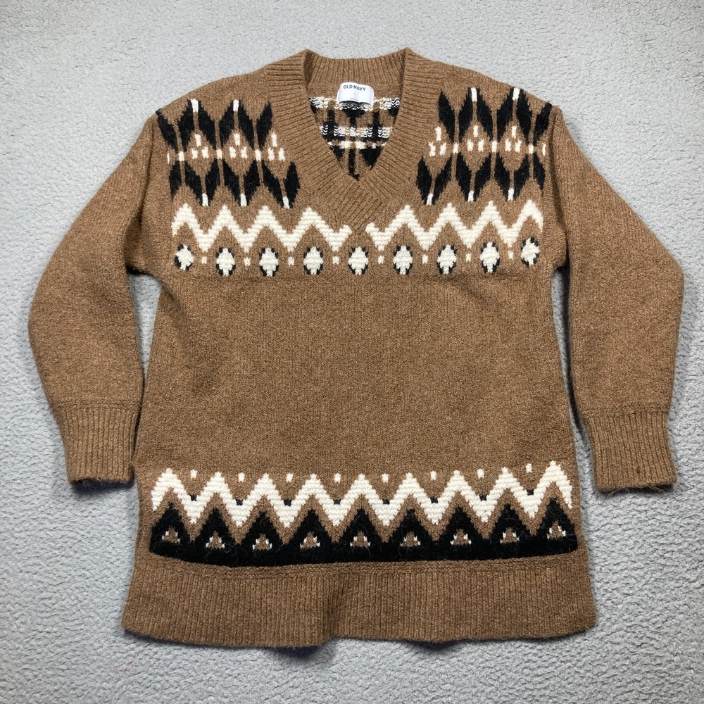 Old Navy Sweater Women's Small Brown Aztec Fair Isle‎ V Neck Long Heavyweight